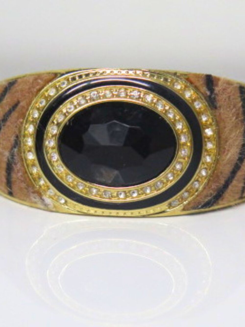 Estate Gold Tone Black Crystal Animal Print Hinge Statement Cuff Bracelet